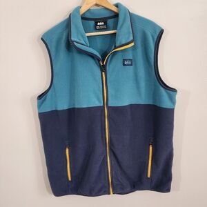 REI Co-op Fleece Vest Large Blue Teal Colorblock Full Zip Pockets Outdoor Hiking